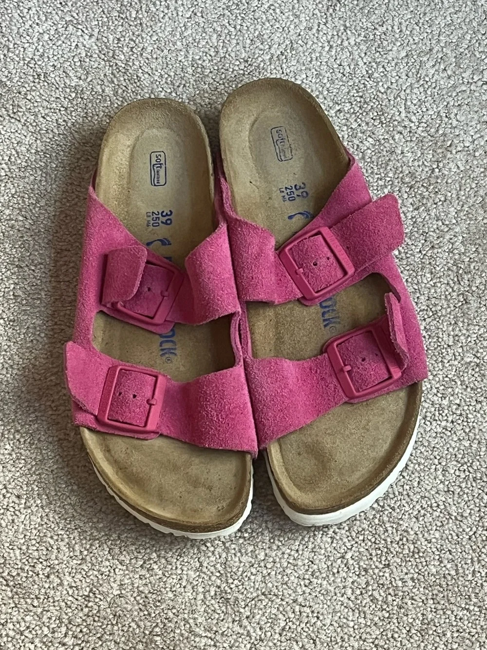 Birkenstock Arizona Suede soft footbed Two‑Strap Sandal in Fuchsia Tulip Pink39